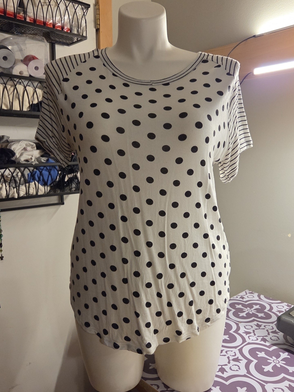 Sweet Claire Black Polka Dot Short Sleeve Top on Cream